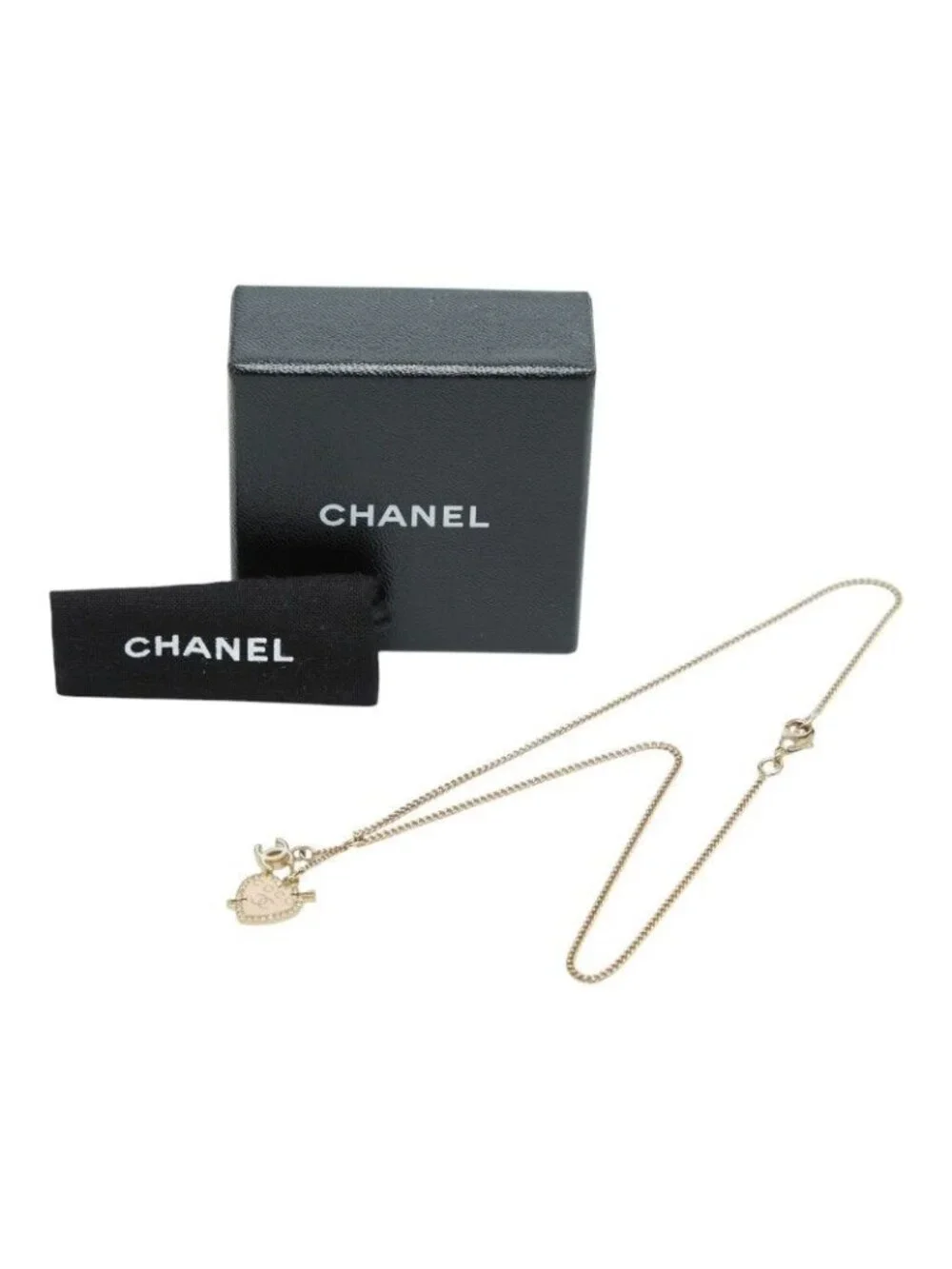 Chanel CC Logo Heart & Aro Line Stone Pendant Necklace Gold Pink Plated Enamel - Picture 7 of 7